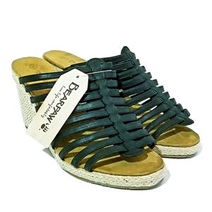 BEARPAW Flora Womens Wedge Faux Leather Strappy Sandals Espadrille Black Size 9